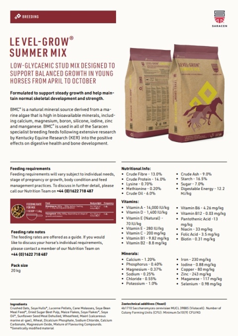 SARACEN Level-Grow Mix 20kg - pasza dla koni hodowlanych, źrebiąt, odsadów i młodzieży rosnącej